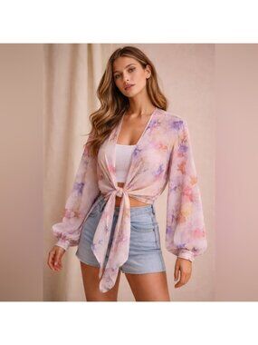 Project Soma Floral Tie-Front Sheer Blouse S/M Made in Greece